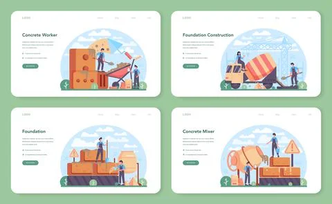 Concrete worker web banner or landing page set. Professional builder Stock Illustration