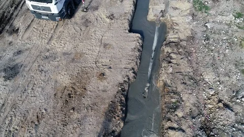 Concreting foundations at the construction site, aerial view Stock Footage 123701512