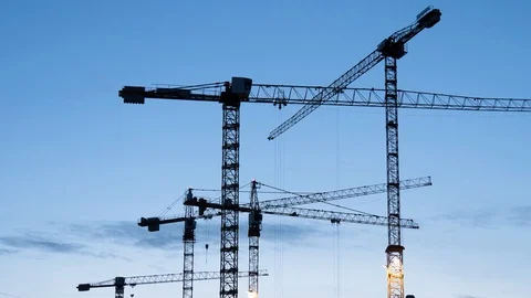 Conctruction crane working late alone timelapse overworking concept Video stock 124176641