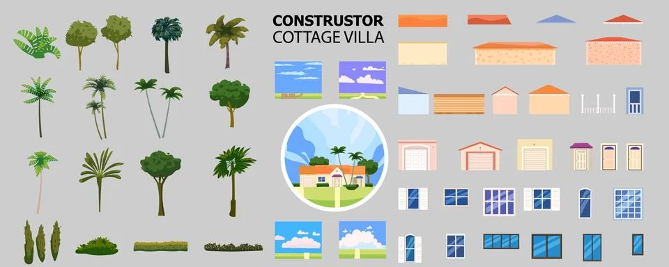 Conctructor house villa elements, door, windows, walls, roof, flora, trees イラスト素材