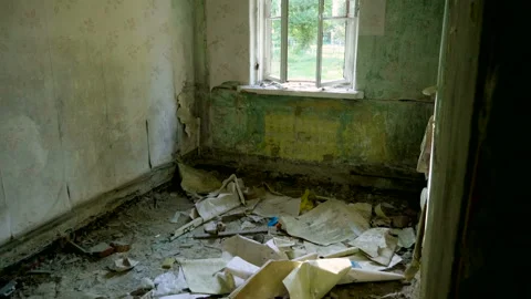 Condemned building. An empty old multi-storey house to be demolished. 4K Stock Footage 106723512