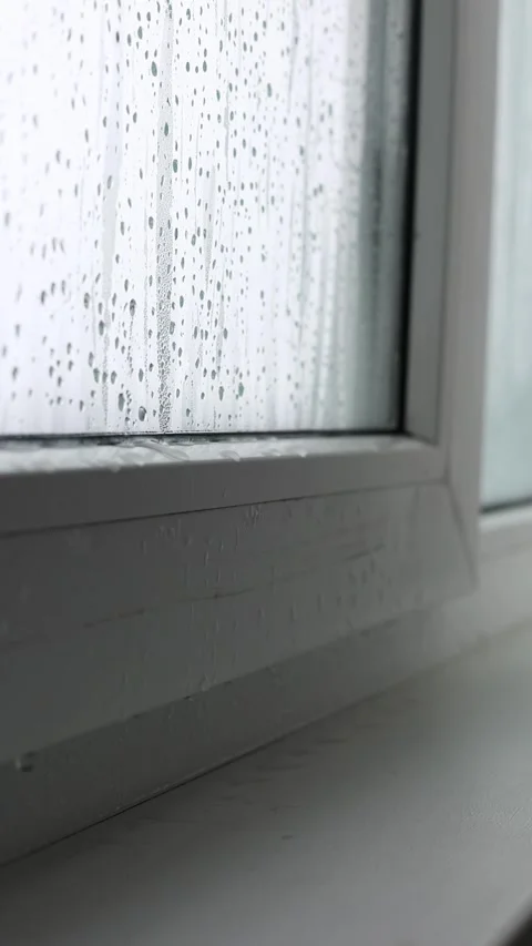 Condensation and Water Drops on Window Glass Inside Apartment During Cold Season Stock Footage 327532989