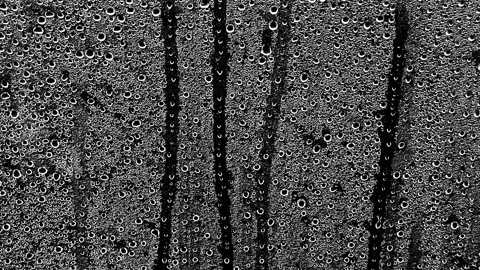 Condensation Droplets Trickling Down Glass, Close-Up Black and White Stock Footage 346077695