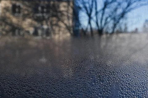 Condensation forms on the window glass in cold weather. Stock Photos