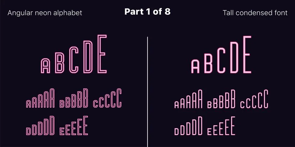 Condensed pink neon font, Angular. Vector set Illustrazione stock