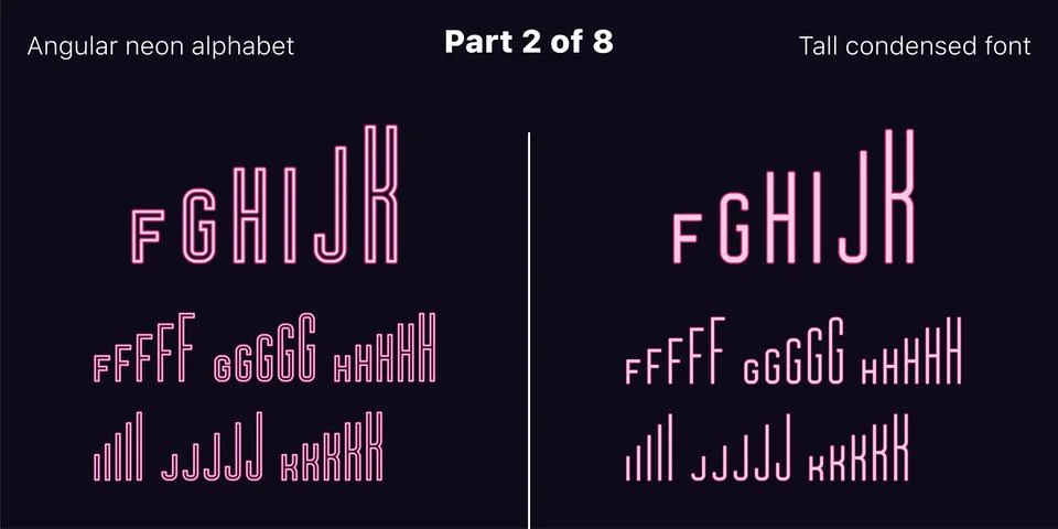 Condensed pink neon font, Angular. Vector set Stock Illustration