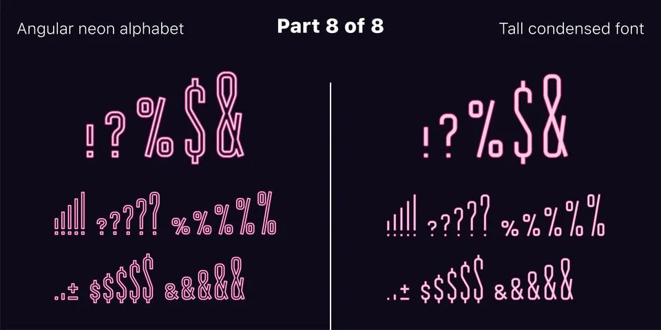 Condensed pink neon font, Angular. Vector set Illustrazione stock