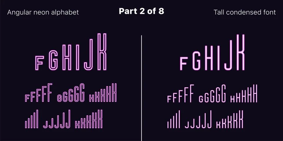Condensed purple neon font, Angular. Vector Set Illustrazione stock