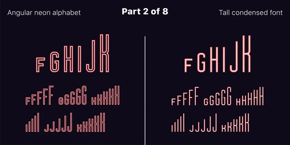 Condensed Red neon font, Angular. Vector set Illustrazione stock