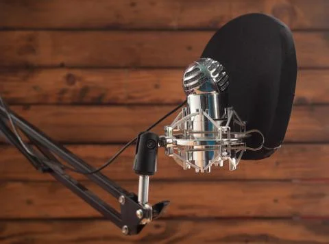 Condenser microphone and pop filter on a wooden background, room for recordin Foto stock
