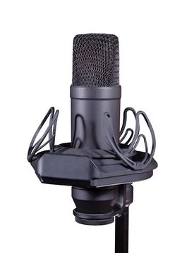 Condenser studio microphone on a shock mount isolated on white Stock Photos