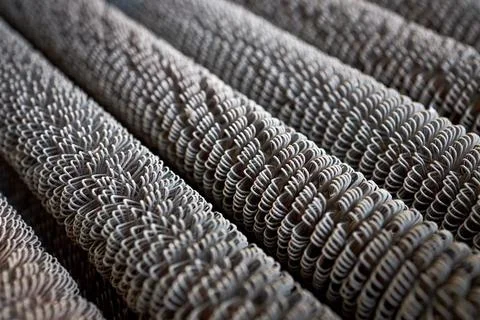 Condensing unit aluminium close up wire finned obsolete tubes grill perspective Stock Photos