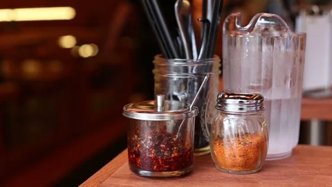 Condiments at Asian restaurant, video Stock Footage 78534638