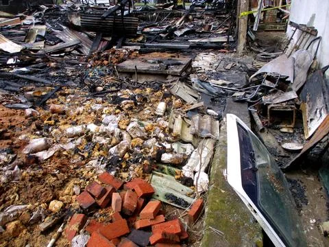 A condition of a building that has been completely burnt by fire 스톡 사진