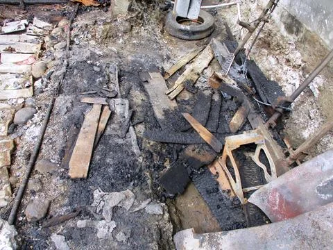 A condition of a building that has been completely burnt by fire Stock Photos
