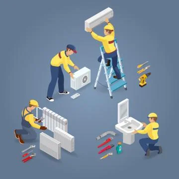Conditioner, Heating, Plumber service. Isometric interior repairs icons. Vect Stock Illustration