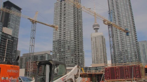 Condo Construction Development Building Tower Cranes CN Tower Pan Up Stock-Footage 92319618