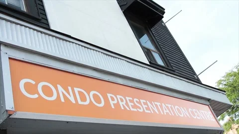 Condo presentation centre center horizontal rectangle red white silver sign Stock Footage 251357467