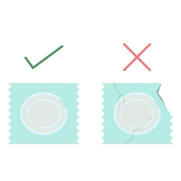 Condom and package isolated on white. Correct and incorrect use of condoms. Stock Illustration