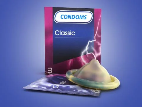 Condom pack 3d render on a blue background Stock Illustration