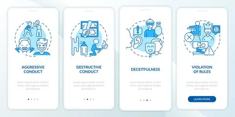 Conduct disorder groups of behavior blue onboarding mobile app screen Stock Illustration