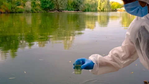 Conduct a water study on a river. Selective focus. Stock Footage 295030863