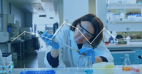 Conducting experiment in laboratory, scientist analyzing data graph with Stock Footage 303586392