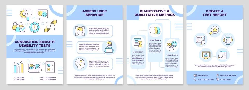 Conducting smooth usability tests blue brochure template Stock Illustration