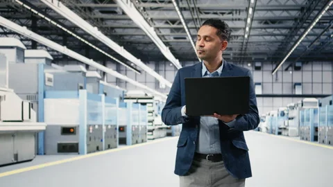 Conducting study, laptop and portrait of smiling microchip factory manager Video stock 333392393