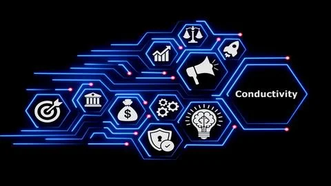 Conductivity abstract concept with connected icons and neon. Stock Illustration