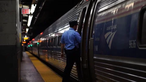 Conductor gets on iconic silver train in Grand Central underground station Stock-Footage 117061274