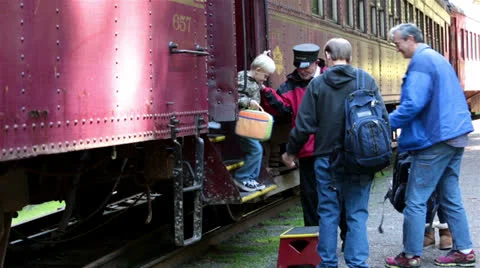 Conductor helps passengers off Skunk Train fast timelapse HD 6073 Stock-Footage 23202117