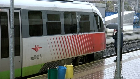 The conductor starts the train in rainy day Stock Footage 101174382