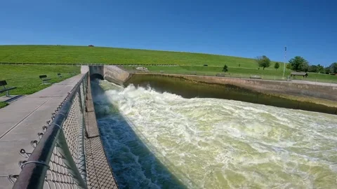 Conduit Pipe of dam Outflow of Saylorville Lake on the Des Moines River in Stock Footage 284063705