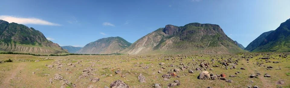 Cone of alluvial deposits of the Chulcha River in the valley of the Chulyshman Stock Photos