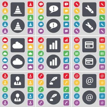 Cone, Chat bubble, Rocket, Cloud, Diagram, Credit card, Avatar, Ink pot, Mail ic Stock Illustration