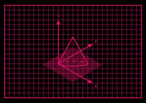 Cone geometry spatial projection grid scheme neon pink background black Stock Illustration