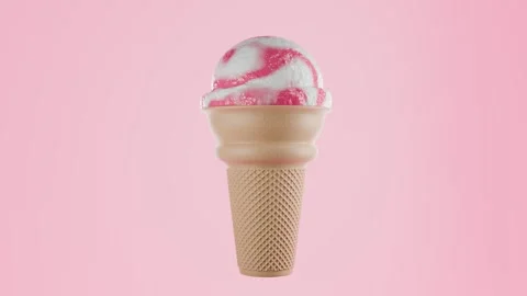 Cone with one scoop of pink raspberry (strawberry) swirl vanilla ice cream Stock Footage 291977364
