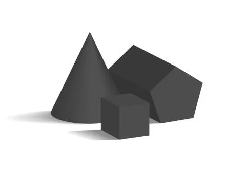 Cone Pentagonal Prism and Cube 3D Geometric Shapes Stock Illustration