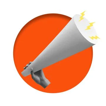Cone-shaped loudspeaker held by a hand with sound waves on a white background Stock Photos