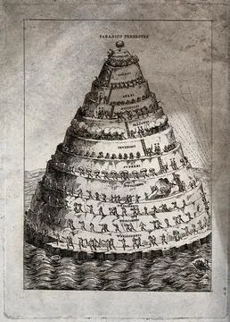 A cone-shaped mountain rises out of the sea, crowned by a tree over flames .. 스톡 일러스트