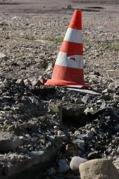A cone is sitting in the dirt Stock Photos