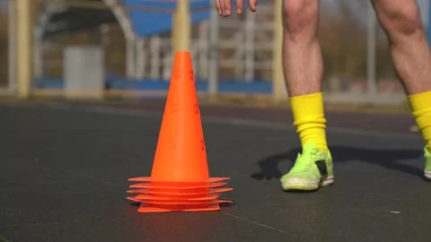 Cone Workouts Is Finished. Adding Together Soccer Training Cones Stock Footage 152079947