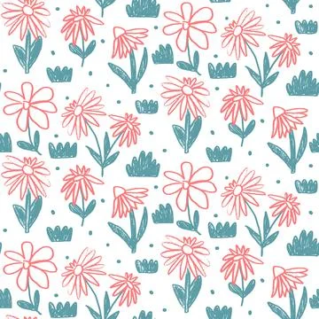 Coneflowers crayon drawn seamless pattern. Colorful floral allover background. Stock Illustration
