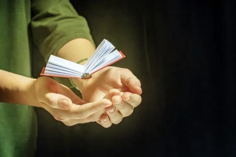 Conept offers training and knowledge. A small open book levitates over the .. Stock Photos