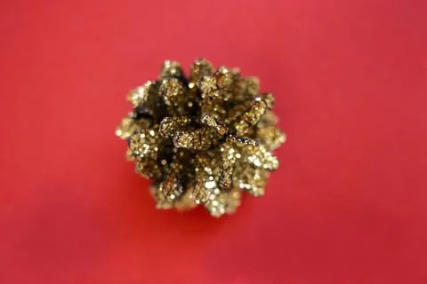 Cones in sequins on a red background with copy space Stock Photos