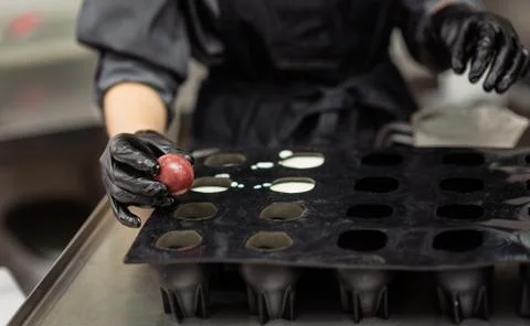 Confectioner in gloves makes chocolates in forms Stock Photos