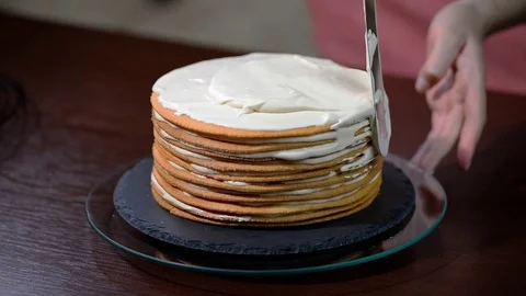 Confectioner prepares Layer Cake. Cooking the cake Stock Footage