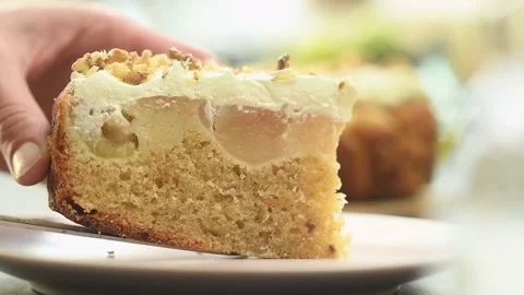 Confectioner serving piece of apple cake. Stock Footage 162057743
