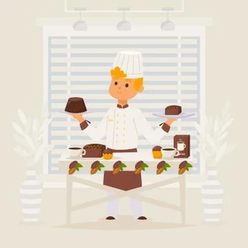 Confectioner work with chocolate vector illustration. Man character cook in Illustrazione stock
